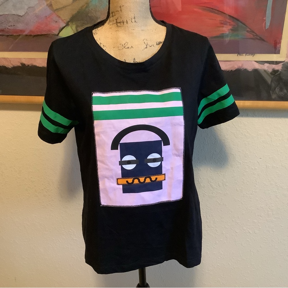 The Zara Black Tee with Green Stripes and Graphic